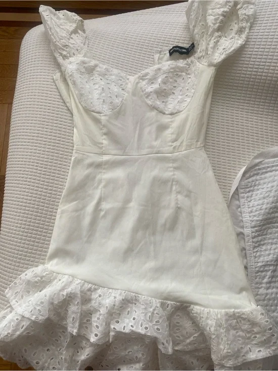 Alice McCall White Eyelet Ruffle Mini Dress with Sweetheart Bodice