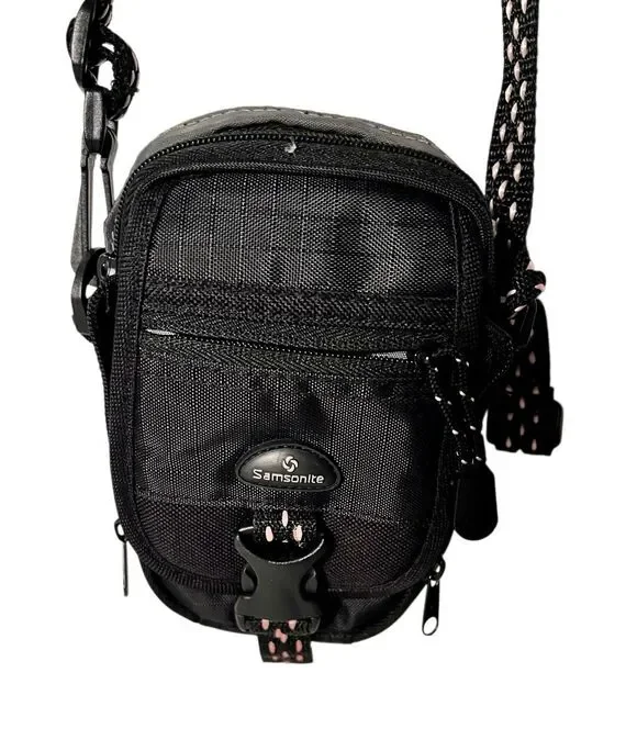 Samsonite Black Compact Camera Bag Phone Case Black and Pink Crossbody Strap