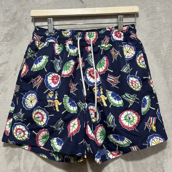 POLO‎ RALPH LAUREN Swim Trunks Shorts Men's S Blue Bear Umbrella Elastic & Lined
