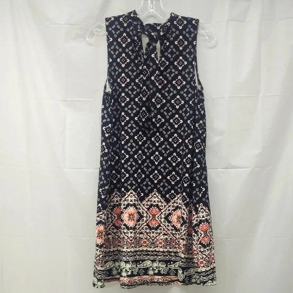 Midi Sundress Black White Pastel Peach Geometric Print w Tie V Neck Keyhole EUC