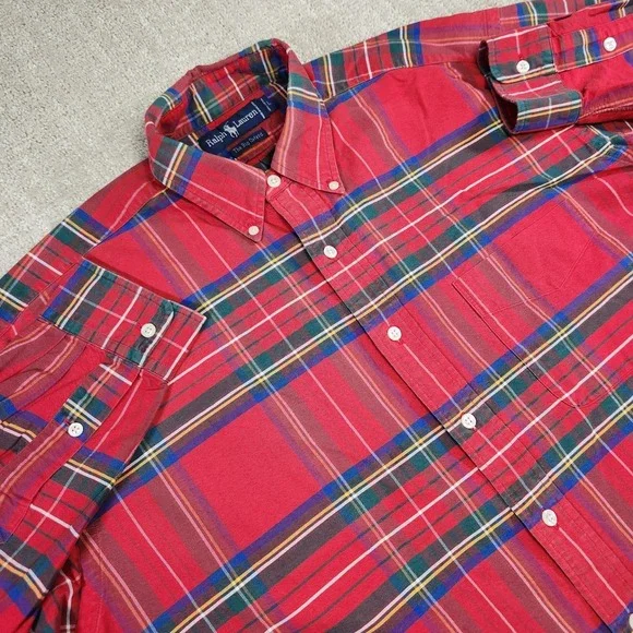 Vintage Polo Ralph Lauren Shirt Men Large The Big‎ Oxford Plaid Button Down Red