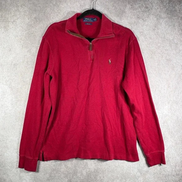 Polo Ralph Lauren Pullover Mens‎ M Red Estate Rib Quarter Zip Cotton Long Sleeve