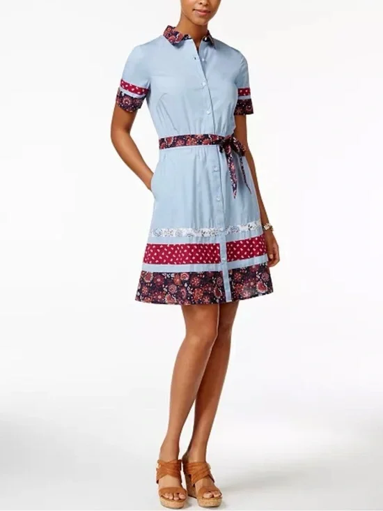 Tommy Hilfiger Short Sleeve Shirt Dress w/ Contrast Fabric Skirt/Sleeves/Collar