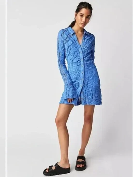 Free People Shayla Lace Mini Dress Periwinkle Blue L/S Ruched Button Front M NWT