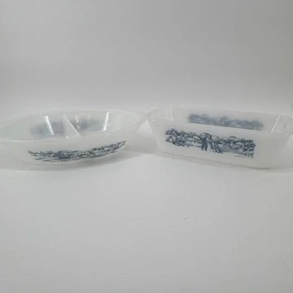 Vintage Currier Ives Milk Glass Blue Scenic Farm Loaf Pan Divided Casserole Dish