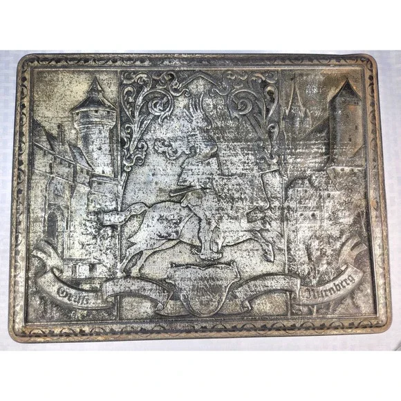 Vintage German Silver Tin Biscuit Box Knight Jousting Castles Horse History
