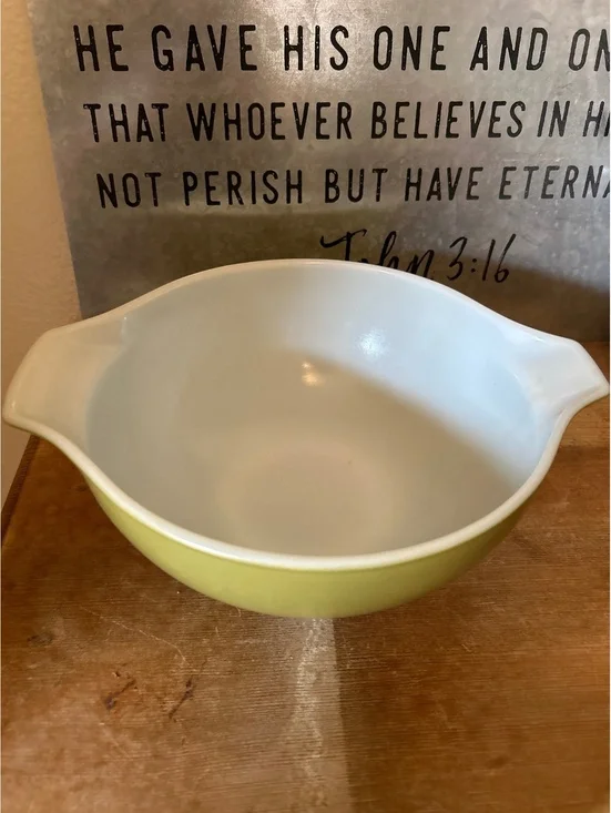 Vintage green  and White Ceramic Mixing Bowl with Handles