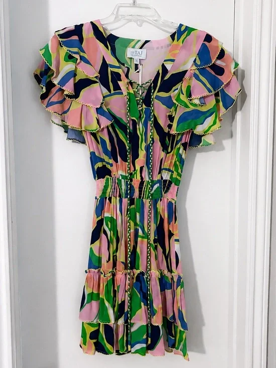 NEW TAJ by Sabrina Crippa Ruffle Mini Dress Tropical Print NWT Size S US 2-4