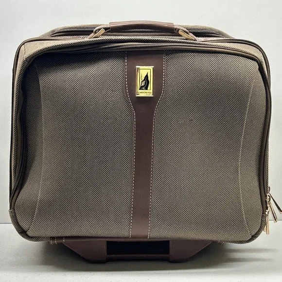 London Fog Rolling Carry On‎ Suitcase Laptop Bag Brown Tweed Spinner Luggage