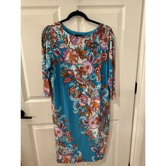 BOB MACKIE Wearable Art Size S Sheath Dress Blue Floral‎ 3/4 Sleeve NEW
