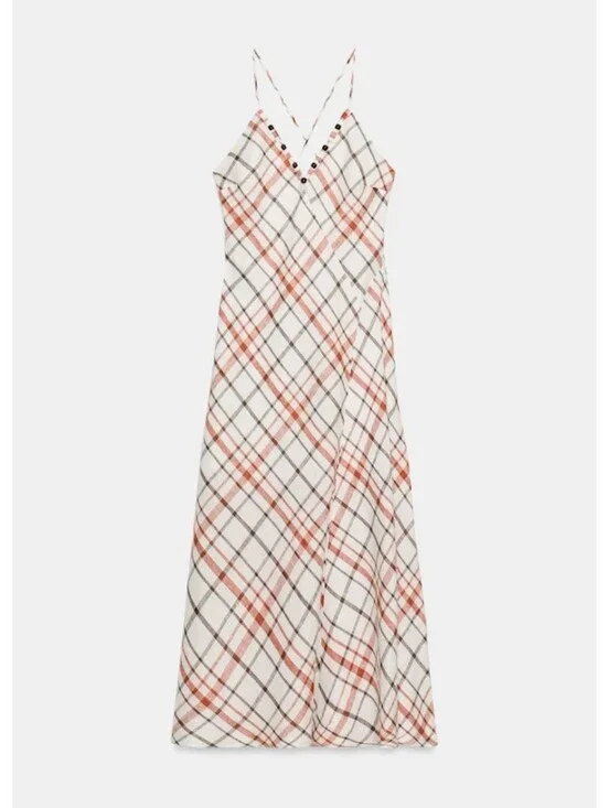Zara 100% Linen Plaid Slip Strappy Casual Coastal  Maxi Dress with Beaded V-Neck