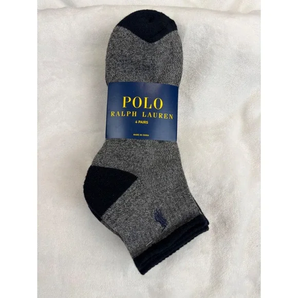 Polo Ralph Lauren Mens Ankle Socks 4 Pair Pack Grey Navy Blue Pony New
