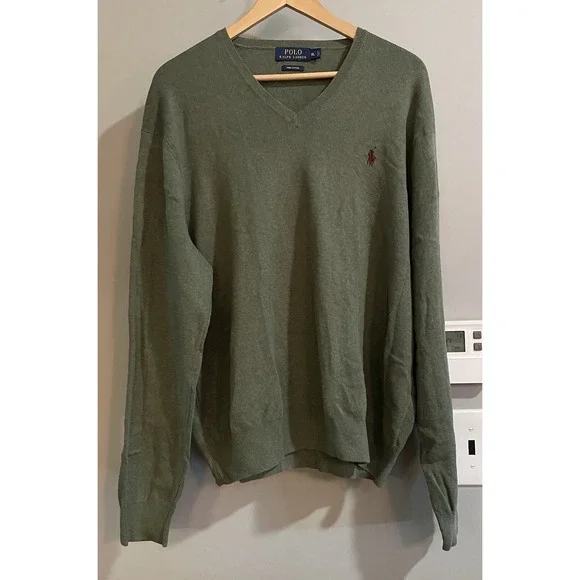 Polo Ralph Lauren Sweater Pima‎ Cotton Olive Green V-Neck Pullover Mens XLarge