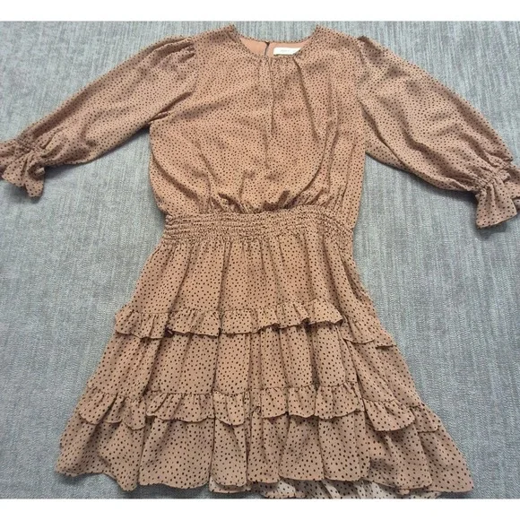 Mustard Seed tan black polka dot mini dress M ruffle tiered smocked waist bohp‎