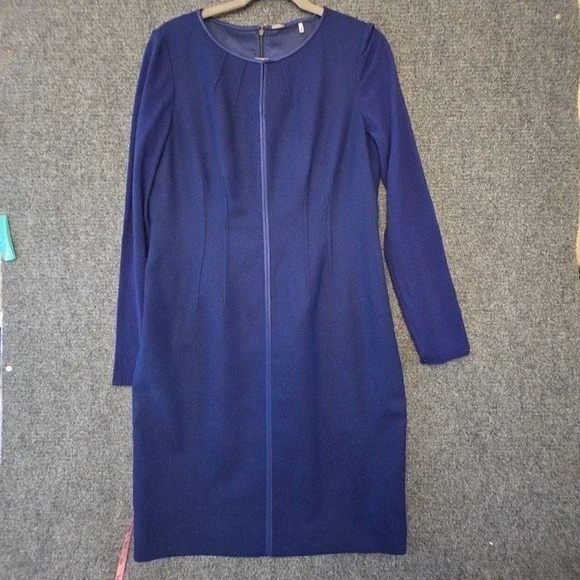 Elie Tahari Dress Womens 12 Blue Wool Cashmere Sheath Long Sleeve Knee Length