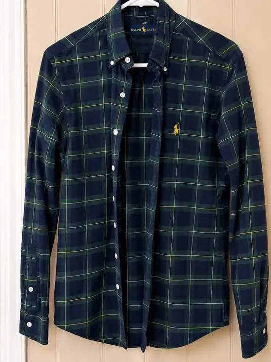 Polo Ralph Lauren Men's Button-Down Long Sleeve Plaid Shirt in Navy and Green