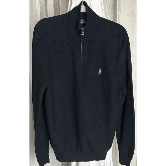 POLO RALPH LAUREN 1/4 Zip Pullover Men's XL Black Pima Cotton Sweater Sweatshirt
