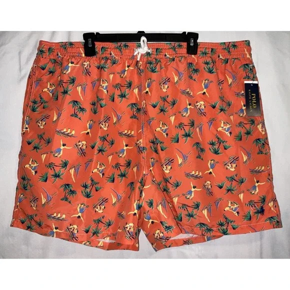 NWT Men's Polo Ralph Lauren Orange Tropical‎ Print Lined Swim Trunks 4XB Big