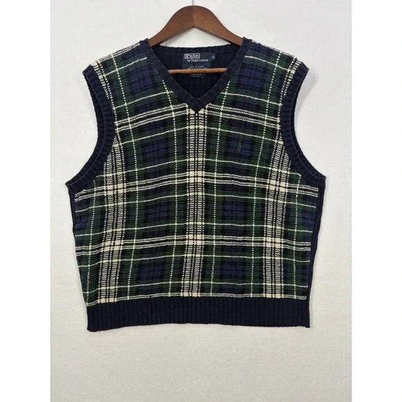 VTG Polo Ralph Lauren Knit Sweater Vest Plaid Pony Academia‎ Green Navy Prep XL