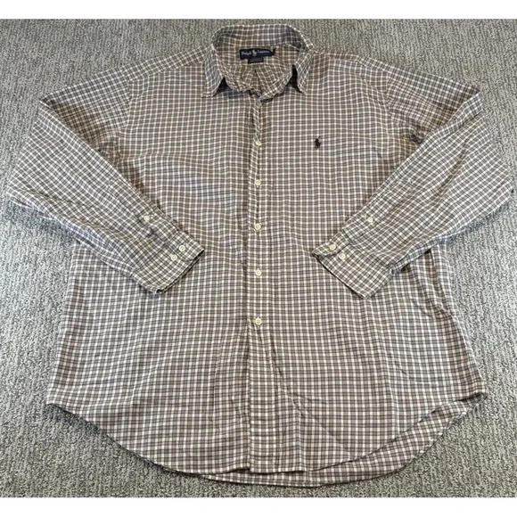 Polo Ralph Lauren Shirt Mens 16.5 Brown Long Sleeve Oxford‎ Brown Yarmouth Pony