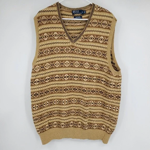 Polo Ralph Lauren Mens XLT Tall Fair Isle Knit Sweater‎ Vest Tan Brown Cashmere