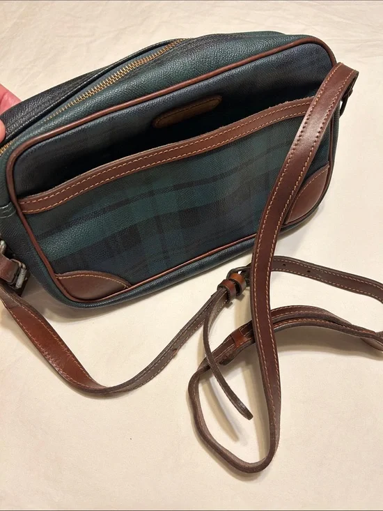 Leather-Trim Green Plaid Crossbody Bag Vintage