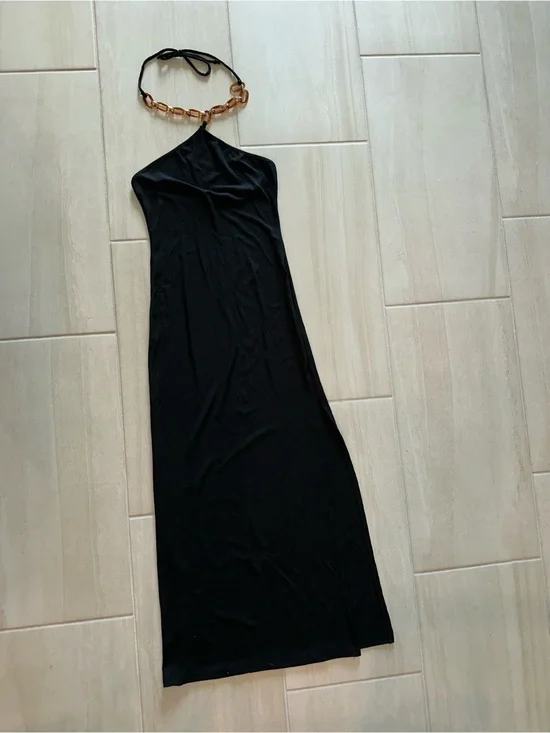 Fashion Nova Black Halter Maxi Dress with Chain Detail