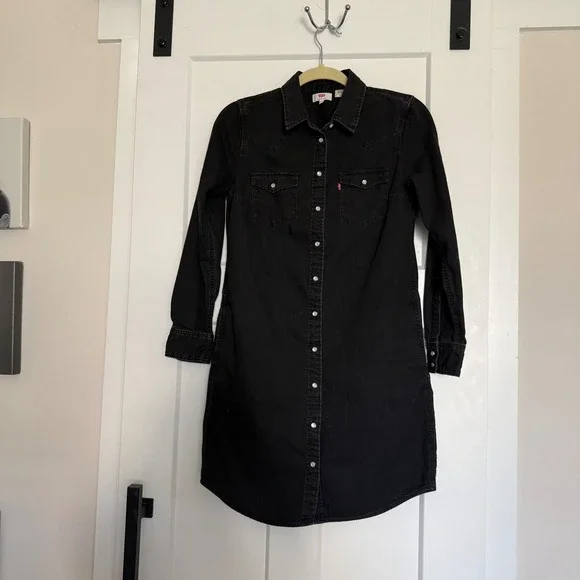 Levi's‎ Black Denim Shirt Dress Western Snap Front Size Small