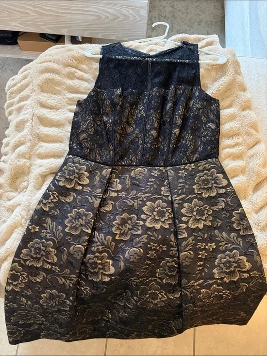 Adrianna Papell Black and Gold Lace Fit-and-Flare Dress