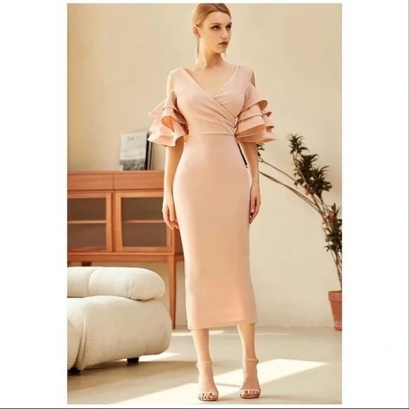 Bodycon Club Dress Sexy Deep V Neck Ruffles Butterfly Short Sleeve Midi size M