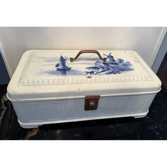 Antique Large Bread Box Tin Metal Dutch Mill Scene Hand Painted -Germany