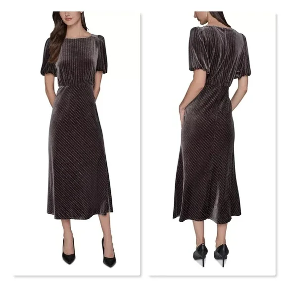 Karl Lagerfeld Paris Velvet Pinstripe Rhinestone Midi Maxi Dress Brown 8 Holiday