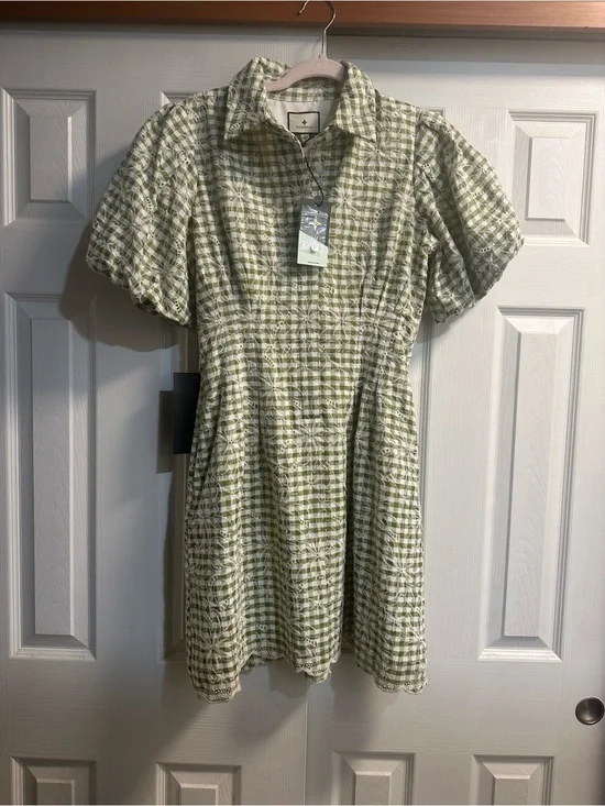 Tuckernuck Green and White Gingham Puff-Sleeve Dress