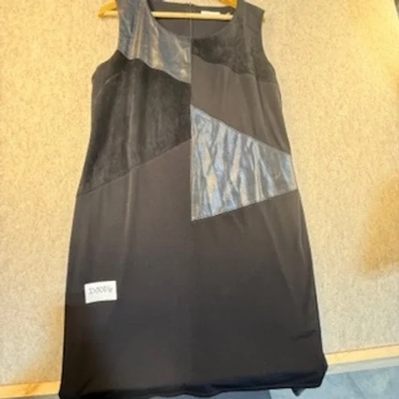 Calvin Klein Black Patchwork Faux Leather Suede Shift Dress Sleeveless M8ND7819‎