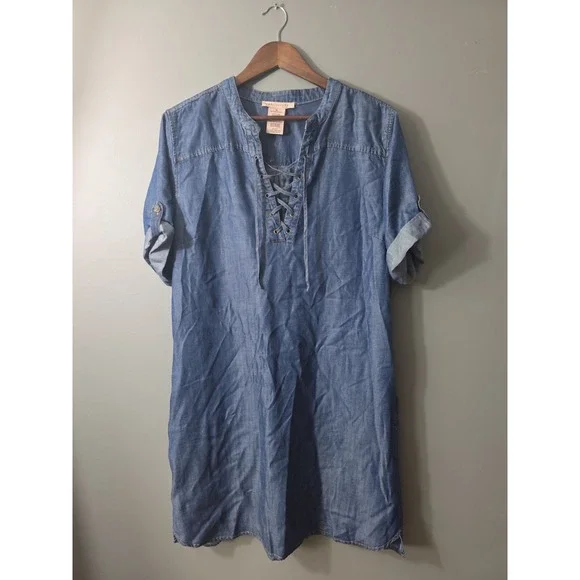 Philosophy Women's Dress Chambray Tunic Style Shirt Dress Lace Up XL Tencel