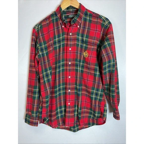 Vtg Polo Ralph Lauren Tartan Red Plaid Flannel‎ Youth XL Crest Holiday Christmas