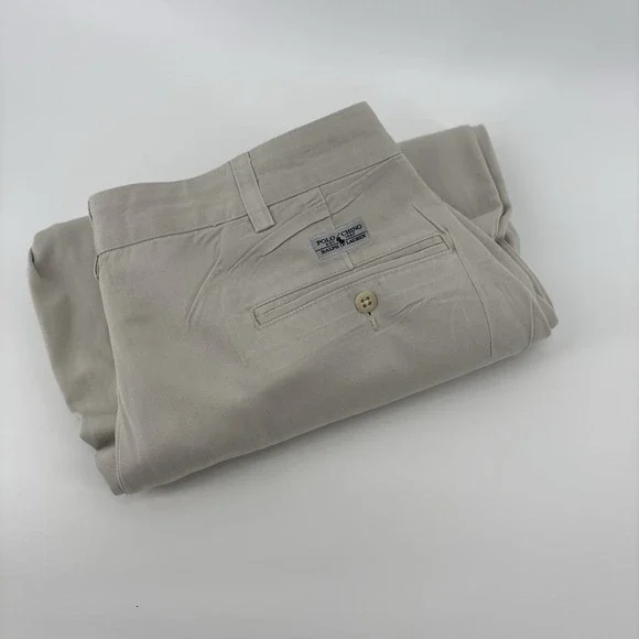 Vtg Ralph Lauren Pants Mens 36x32 Beige Two Pleated Twill Chino‎ Classic *34x27