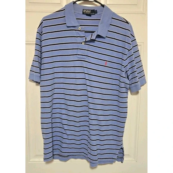 Polo Ralph Lauren Men's Vtg Polo Shirt Large Blue Pink Pony Short Sleeve Stripes