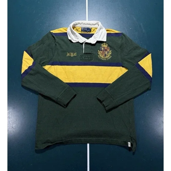 Vintage 90s Polo Ralph Lauren Striped Rugby Shirt Large‎ Lion Crest NYC Rare
