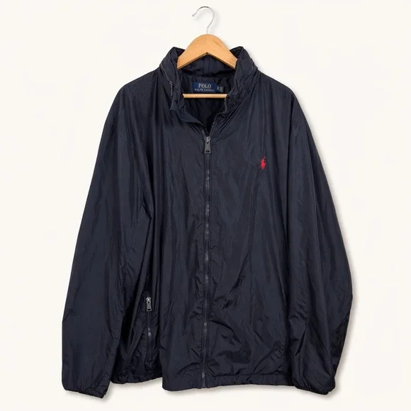 Polo Ralph Lauren Men XLT Windbreaker Jacket Navy Blue Full Zip Hooded Pony Prep