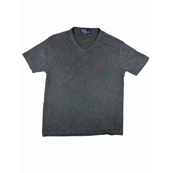 Polo Ralph Lauren Vintage Ribbed Knit V Neck T Shirt Gray Red Pony Mens Medium