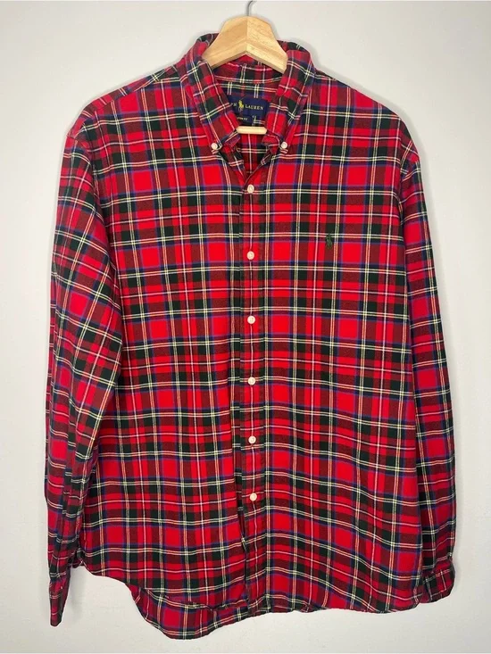 Polo by Ralph Lauren Red Plaid custom fit Button-Down Shirt large LG‎