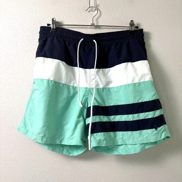 Polo Ralph Lauren Swim Shorts Trunks Mens L Green Blue White‎ Colorblock Lined