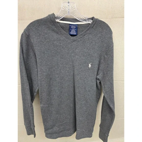 Polo Ralph Lauren Mens Grey Waffle Knit V-Neck Thermal Sleep Shirt Medium‎