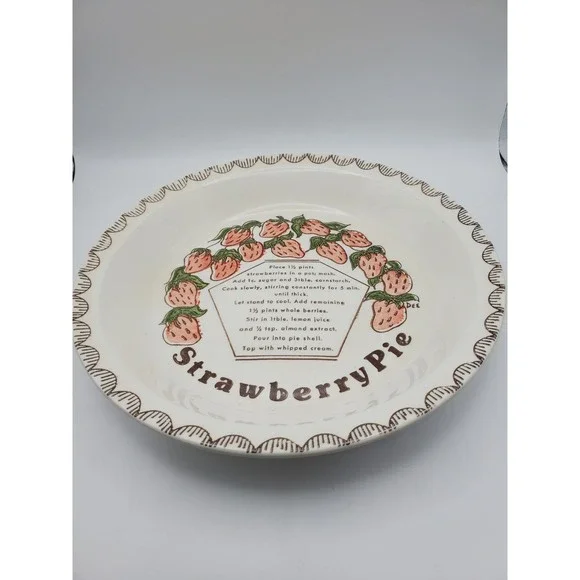 Vintage 1970s Strawberry Pie Recipe Ceramic Baking Dish 10.5
