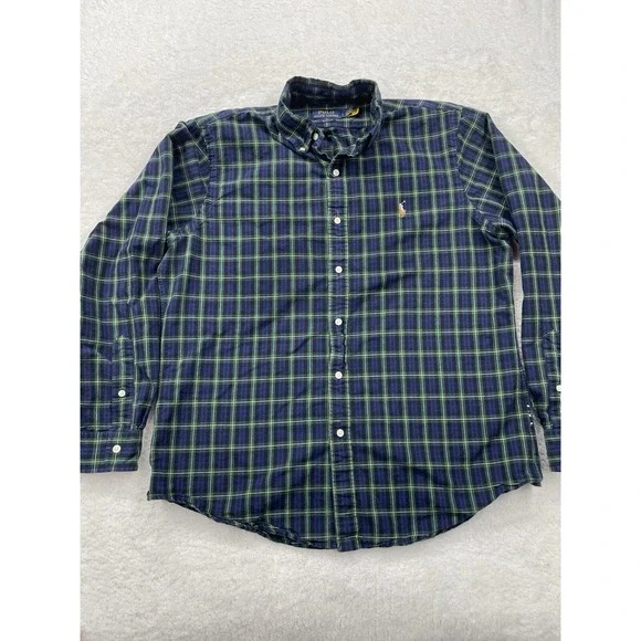 Polo Ralph Lauren Mens Large Classic Fit‎ Plaid Button Down Shirt Blue Green L