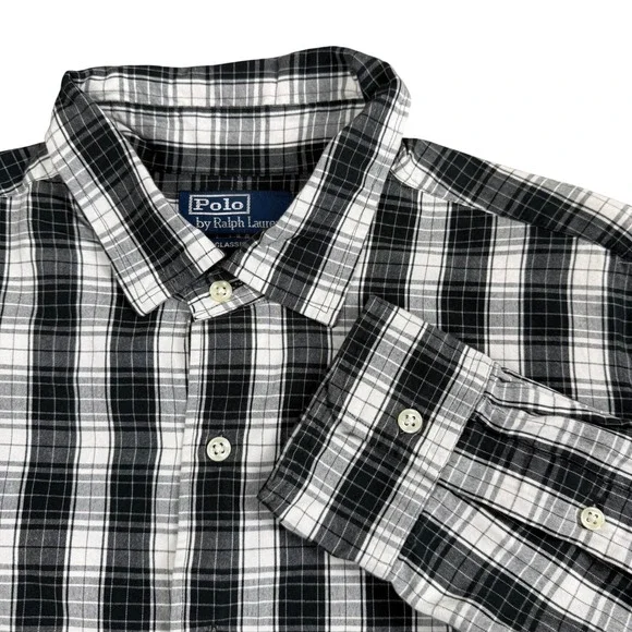 Polo Ralph Lauren Button Down Men XL Black White‎ Plaid Classic Fit Cotton Shirt
