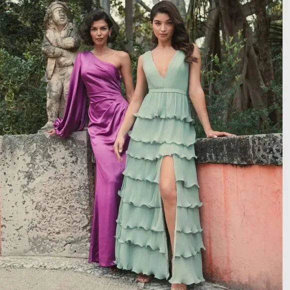 Mac Duggal‎ 49054 Size 6 Sage Green Sleeveless Ruffle Tiered V-Neck Gown Dress