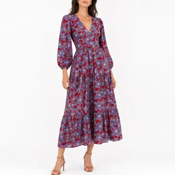 Caroline Constas Floral Midi Dress Women's Medium Smocked Waist Puff Sleeve Boho