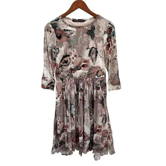 Peruvian Connection Floral Print Dress Long Sleeve Pleated Lined Bodice & 3/4 S